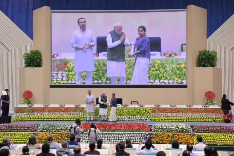 Hon'ble PM felicitating 46 CTS & CITS Topper Trainees at 4th Kaushal Deekshant Samaroh 2025 on 4th Oct 2025 at Vigyan Bhawan