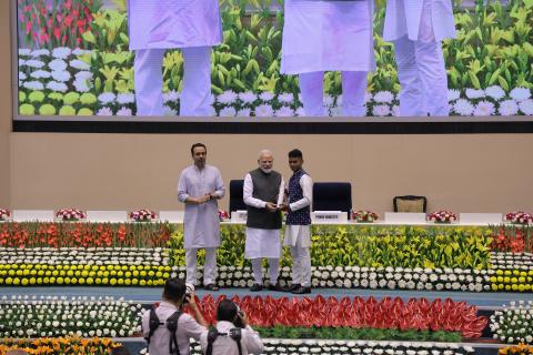 Hon'ble PM felicitating 46 CTS & CITS Topper Trainees at 4th Kaushal Deekshant Samaroh 2025 on 4th Oct 2025 at Vigyan Bhawan