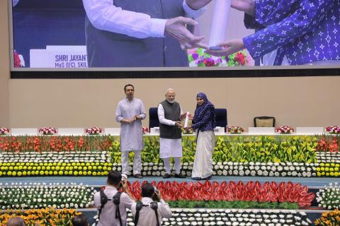 Hon'ble PM felicitating 46 CTS & CITS Topper Trainees at 4th Kaushal Deekshant Samaroh 2025 on 4th Oct 2025 at Vigyan Bhawan