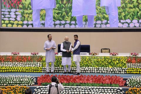 Hon'ble PM felicitating 46 CTS & CITS Topper Trainees at 4th Kaushal Deekshant Samaroh 2025 on 4th Oct 2025 at Vigyan Bhawan