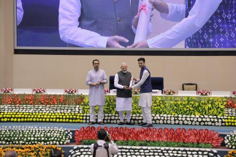 Hon'ble PM felicitating 46 CTS & CITS Topper Trainees at 4th Kaushal Deekshant Samaroh 2025 on 4th Oct 2025 at Vigyan Bhawan
