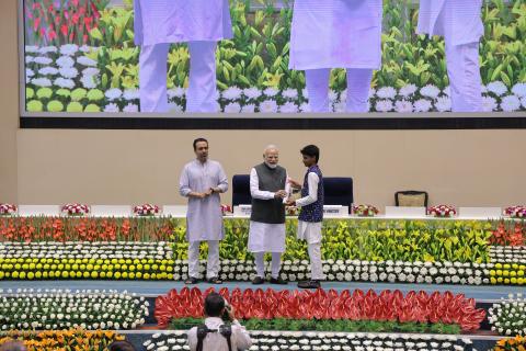 Hon'ble PM felicitating 46 CTS & CITS Topper Trainees at 4th Kaushal Deekshant Samaroh 2025 on 4th Oct 2025 at Vigyan Bhawan