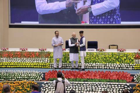 Hon'ble PM felicitating 46 CTS & CITS Topper Trainees at 4th Kaushal Deekshant Samaroh 2025 on 4th Oct 2025 at Vigyan Bhawan