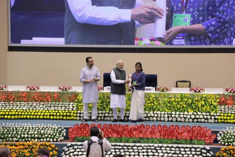 Hon'ble PM felicitating 46 CTS & CITS Topper Trainees at 4th Kaushal Deekshant Samaroh 2025 on 4th Oct 2025 at Vigyan Bhawan