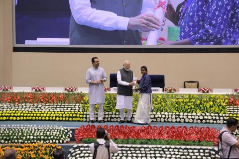 Hon'ble PM felicitating 46 CTS & CITS Topper Trainees at 4th Kaushal Deekshant Samaroh 2025 on 4th Oct 2025 at Vigyan Bhawan