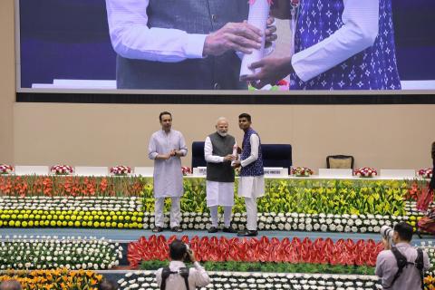 Hon'ble PM felicitating 46 CTS & CITS Topper Trainees at 4th Kaushal Deekshant Samaroh 2025 on 4th Oct 2025 at Vigyan Bhawan