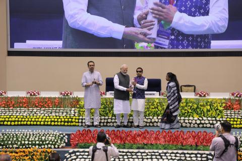 Hon'ble PM felicitating 46 CTS & CITS Topper Trainees at 4th Kaushal Deekshant Samaroh 2025 on 4th Oct 2025 at Vigyan Bhawan