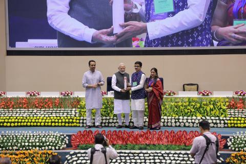Hon'ble PM felicitating 46 CTS & CITS Topper Trainees at 4th Kaushal Deekshant Samaroh 2025 on 4th Oct 2025 at Vigyan Bhawan