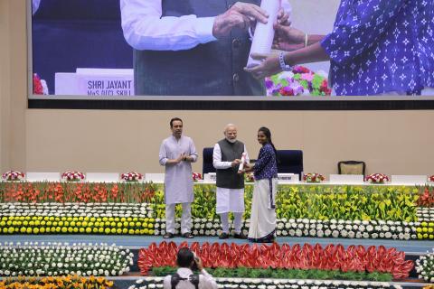 Hon'ble PM felicitating 46 CTS & CITS Topper Trainees at 4th Kaushal Deekshant Samaroh 2025 on 4th Oct 2025 at Vigyan Bhawan