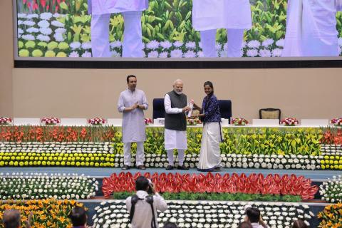 Hon'ble PM felicitating 46 CTS & CITS Topper Trainees at 4th Kaushal Deekshant Samaroh 2025 on 4th Oct 2025 at Vigyan Bhawan
