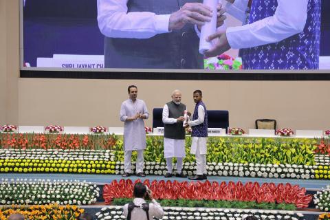 Hon'ble PM felicitating 46 CTS & CITS Topper Trainees at 4th Kaushal Deekshant Samaroh 2025 on 4th Oct 2025 at Vigyan Bhawan