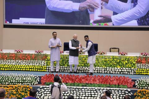 Hon'ble PM felicitating 46 CTS & CITS Topper Trainees at 4th Kaushal Deekshant Samaroh 2025 on 4th Oct 2025 at Vigyan Bhawan