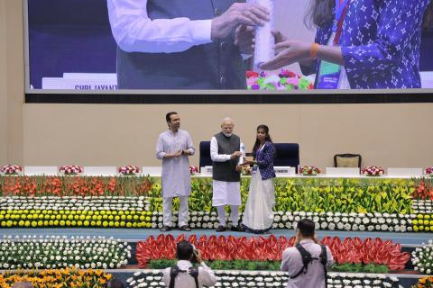 Hon'ble PM felicitating 46 CTS & CITS Topper Trainees at 4th Kaushal Deekshant Samaroh 2025 on 4th Oct 2025 at Vigyan Bhawan