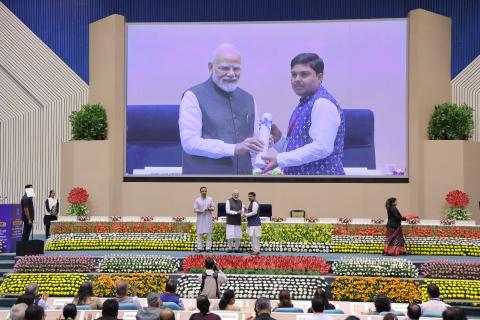 Hon'ble PM felicitating 46 CTS & CITS Topper Trainees at 4th Kaushal Deekshant Samaroh 2025 on 4th Oct 2025 at Vigyan Bhawan