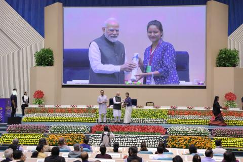 Hon'ble PM felicitating 46 CTS & CITS Topper Trainees at 4th Kaushal Deekshant Samaroh 2025 on 4th Oct 2025 at Vigyan Bhawan