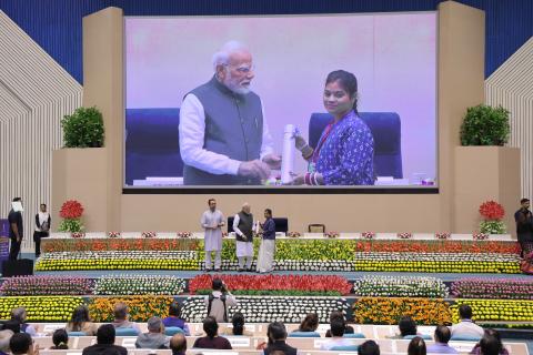 Hon'ble PM felicitating 46 CTS & CITS Topper Trainees at 4th Kaushal Deekshant Samaroh 2025 on 4th Oct 2025 at Vigyan Bhawan