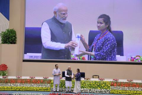 Hon'ble PM felicitating 46 CTS & CITS Topper Trainees at 4th Kaushal Deekshant Samaroh 2025 on 4th Oct 2025 at Vigyan Bhawan