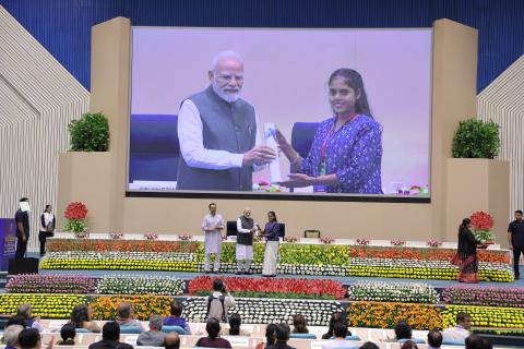 Hon'ble PM felicitating 46 CTS & CITS Topper Trainees at 4th Kaushal Deekshant Samaroh 2025 on 4th Oct 2025 at Vigyan Bhawan